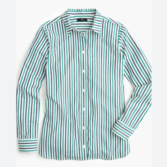 NWT JCREW WOMENS STRIPED BUTTON DOWN BOY FIT LOOSE SHIRT NAVY GREEN SZ 8 OFFICE - Picture 1 of 7